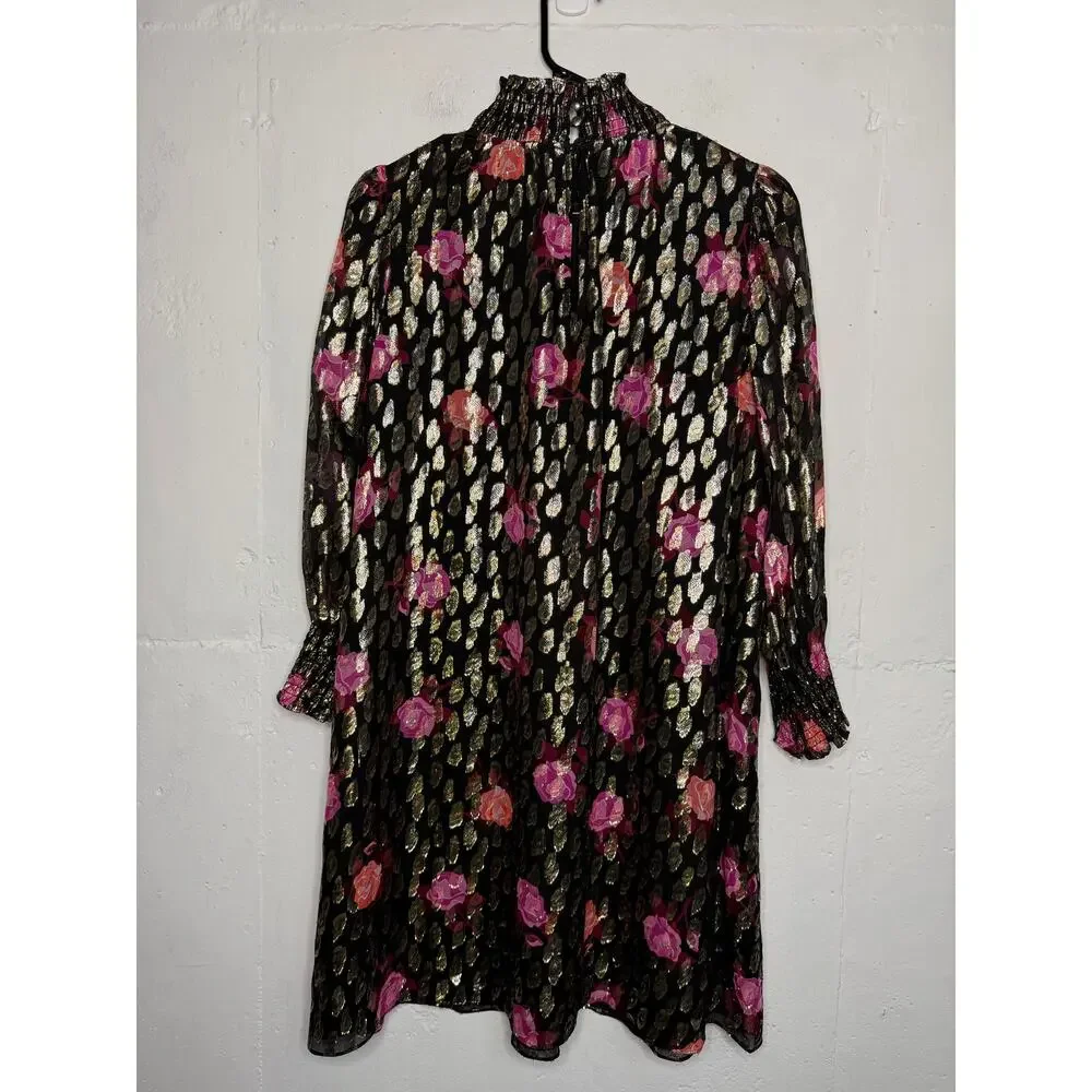 Kate Spade rose garden Smocked Shift Dress Womens Small Black Gold Silk